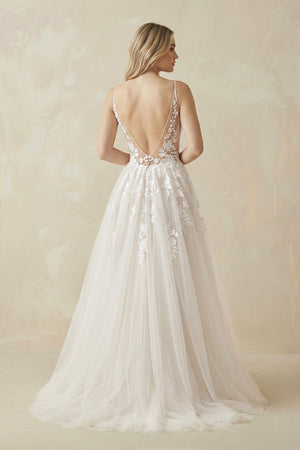 A Line Lace Tulle V - neck Sleeveless Wedding Dress in Ivory - KissProm Wedding Dresses