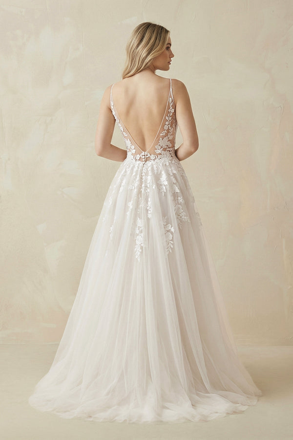 A Line Lace Tulle V - neck Sleeveless Wedding Dress in Ivory - KissProm Wedding Dresses