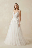 A Line Lace Tulle V - neck Sleeveless Wedding Dress in Ivory - KissProm Wedding Dresses