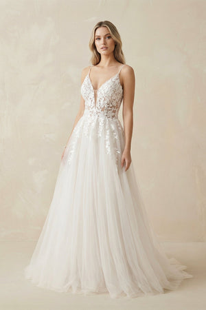 A Line Lace Tulle V - neck Sleeveless Wedding Dress in Ivory - KissProm Wedding Dresses