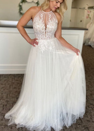 A - line Lace Tulle Wedding Dress Boho Style Online - KissProm