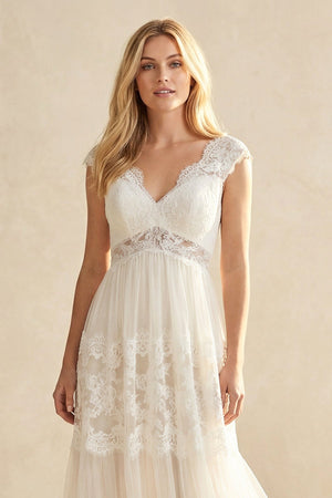 A - Line Lace V - Neck Tulle Wedding Dress in Ivory - KissProm Wedding Dresses