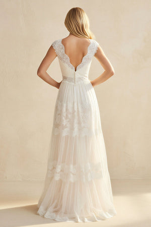 A - Line Lace V - Neck Tulle Wedding Dress in Ivory - KissProm Wedding Dresses