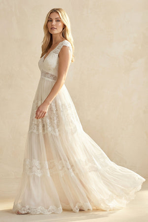 A - Line Lace V - Neck Tulle Wedding Dress in Ivory - KissProm Wedding Dresses