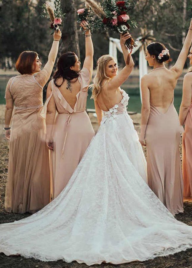 A Line Lace White Spaghetti Straps Wedding Dresses - KissProm