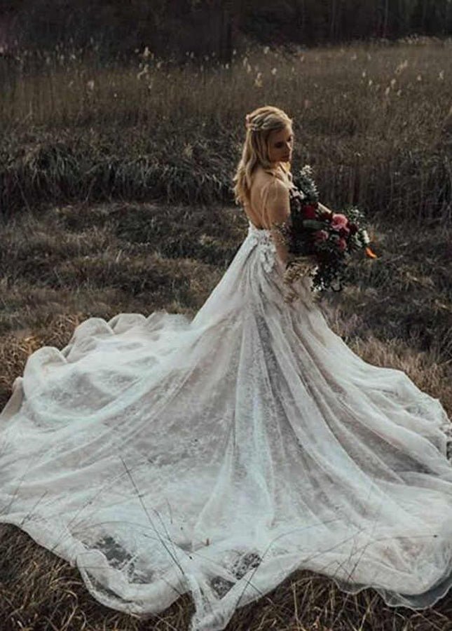 A Line Lace White Spaghetti Straps Wedding Dresses - KissProm