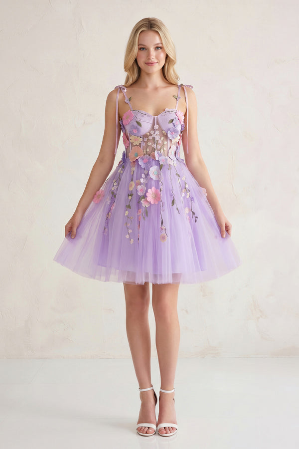 KissProm A-Line Lavender Bloom Mini Homecoming Dress, Lavender / 14