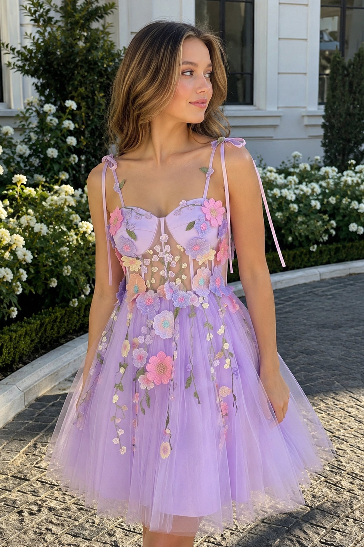 KissProm A-Line Lavender Bloom Mini Homecoming Dress, Lavender / 14