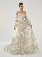 A - Line Light Green Sweetheart Pearl Wedding Dress - KissProm