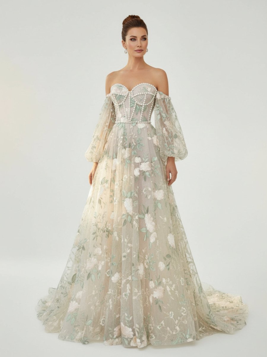 A - Line Light Green Sweetheart Pearl Wedding Dress - KissProm