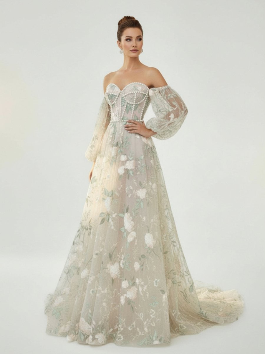 A - Line Light Green Sweetheart Pearl Wedding Dress - KissProm