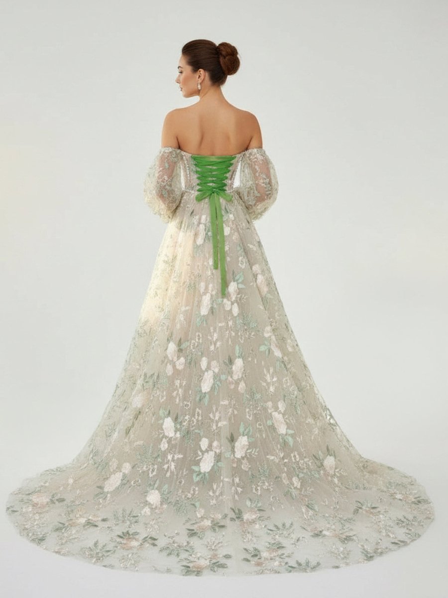 A - Line Light Green Sweetheart Pearl Wedding Dress - KissProm