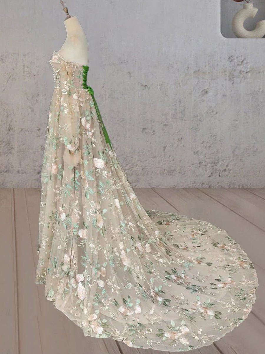 A - Line Light Green Sweetheart Pearl Wedding Dress - KissProm