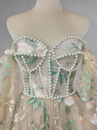 A - Line Light Green Sweetheart Pearl Wedding Dress - KissProm