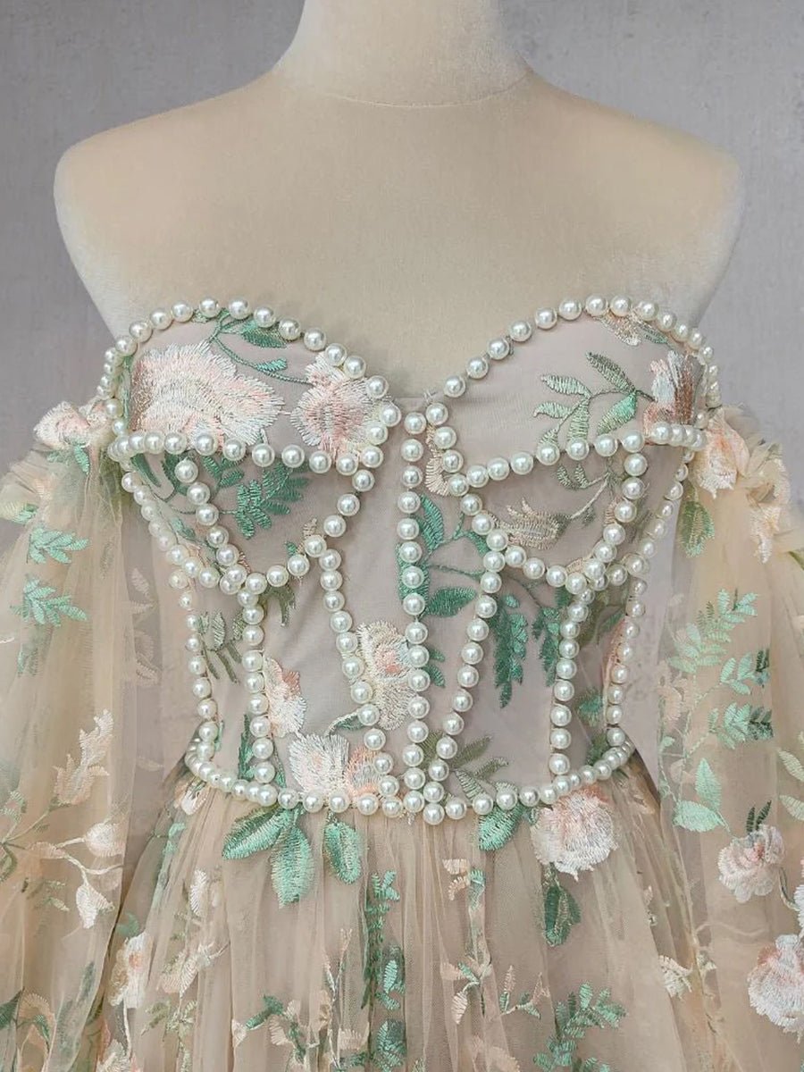A - Line Light Green Sweetheart Pearl Wedding Dress - KissProm