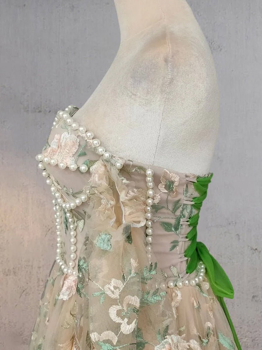 A - Line Light Green Sweetheart Pearl Wedding Dress - KissProm