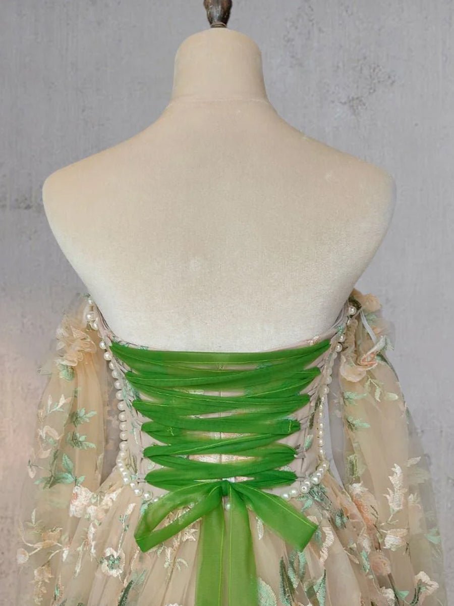 A - Line Light Green Sweetheart Pearl Wedding Dress - KissProm