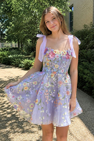 Lilac A-Line Lilac Short Homecoming Dress with 3D Flowers - KISSPROM