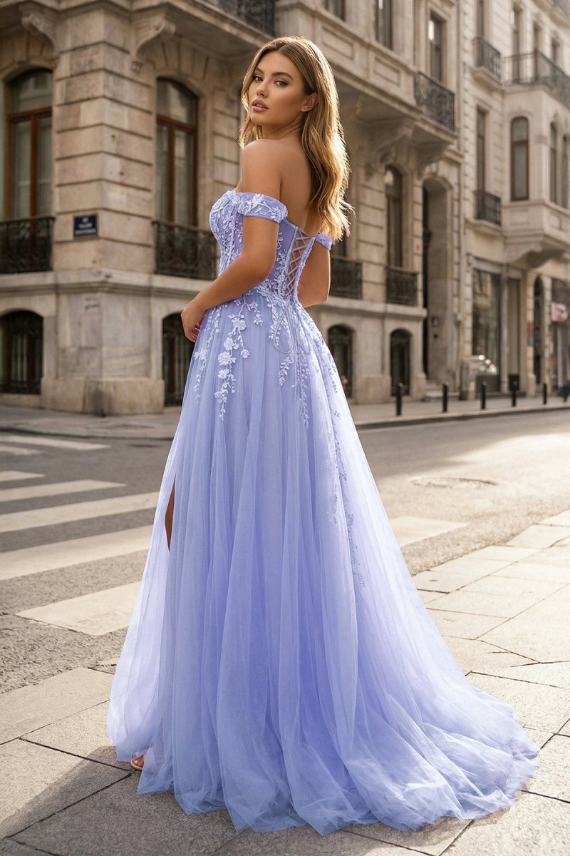 KissProm A Line Off the Shoulder Lace Tulle Prom Dress With Slit, Lilac / 6