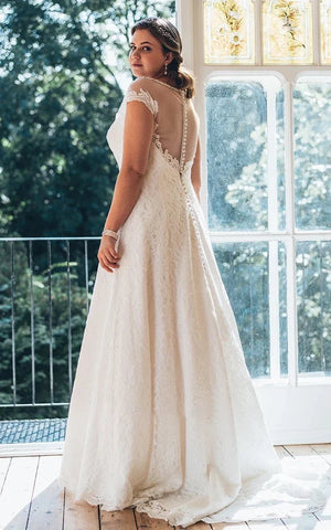 Simple A-Line Bateau Neck Short Sleeve Lace Illusion White Wedding Dre Simple A-Line Bateau Neck Short Sleeve Lace Illusion White Wedding Dre