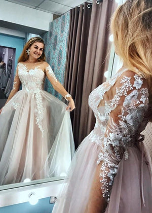 A Line Long Sleeves Blushing Pink Lining Wedding Dress With Lace Appliques - KissProm