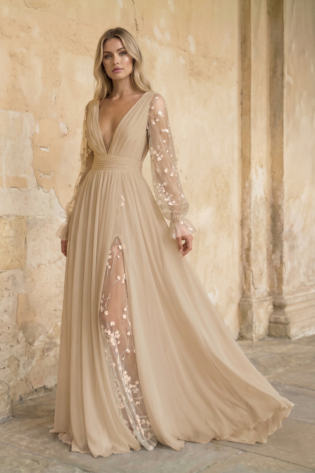 KissProm Long Sleeve Boho Flowy Wedding Dress Lace A-Line V-Neck Beach Gown with Split Front and Sweep Train, Diamond White / 6