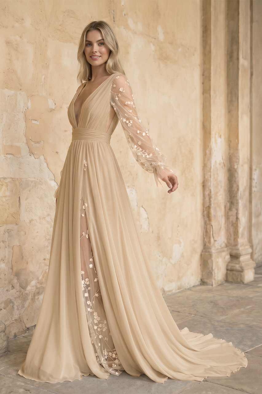 long flowy boho dresses KissProm Sleeve Wedding Dress Lace A-Line V-Neck Beach Gown with Split Front and Sweep Train, Diamond White / 6 white maxi dress version