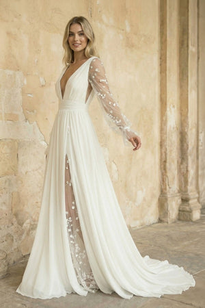 A Line Long Sleeves Chiffon Wedding Dress in Ivory - KissProm Wedding Dresses