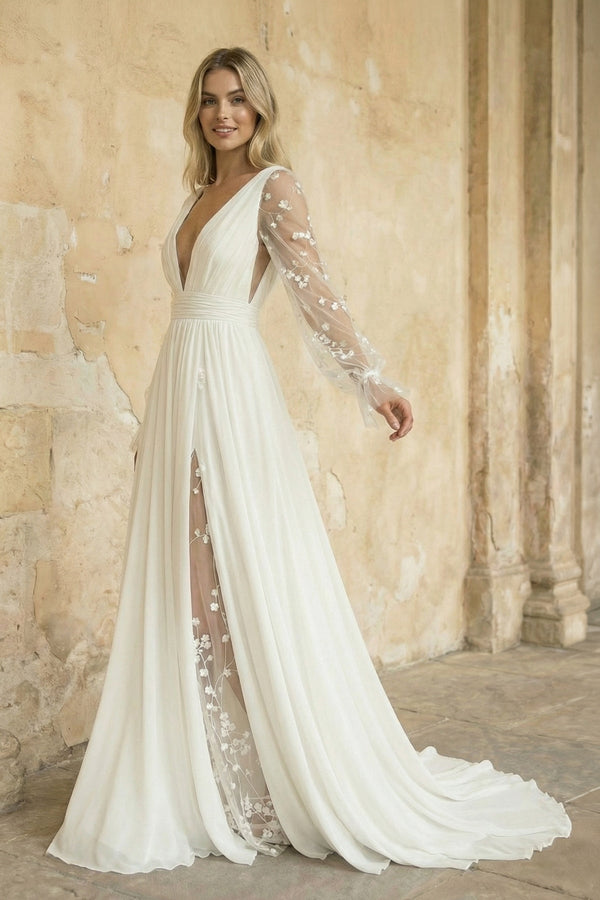 A Line Long Sleeves Chiffon Wedding Dress in Ivory - KissProm Wedding Dresses