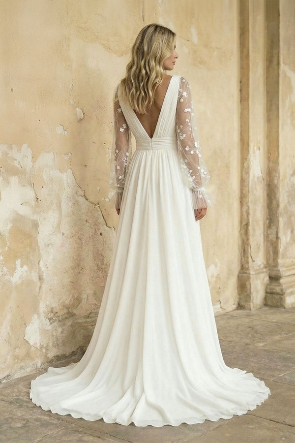 A Line Long Sleeves Chiffon Wedding Dress in Ivory - KissProm Wedding Dresses