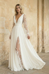 Long Sleeve Boho Flowy Wedding Dress Lace A-Line V-Neck Beach Gown with Split Front and Sweep Train