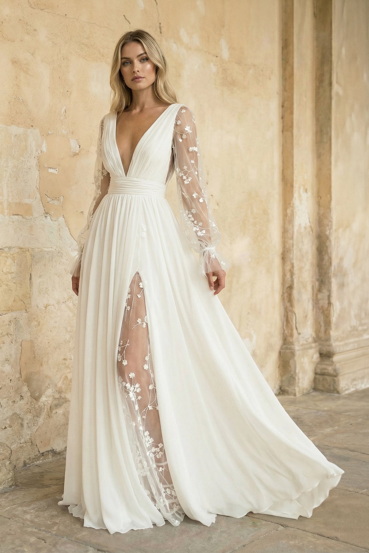 KissProm Long Sleeve Boho Flowy Wedding Dress Lace A-Line V-Neck Beach Gown with Split Front and Sweep Train, Diamond White / 6