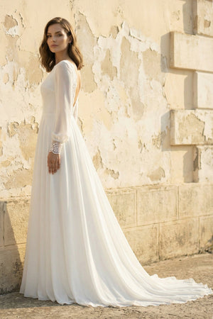 A Line Long Sleeves Chiffon Wedding Dress in White - KissProm Wedding Dresses