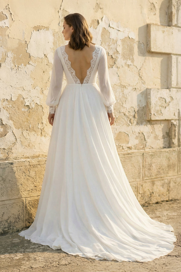 A Line Long Sleeves Chiffon Wedding Dress in White - KissProm Wedding Dresses
