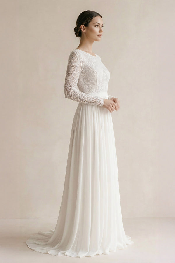 Beach Gorgeous Lace A-Line Appliqued Open Back Wedding Dress With Long Sleeves