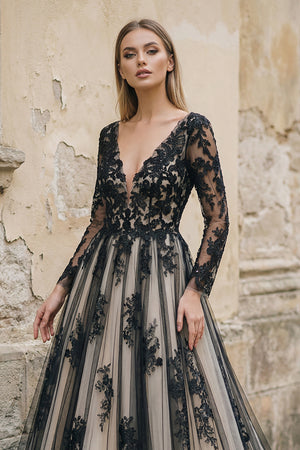 Non-Traditional Gothic Black and White Boho Lace Wedding Dress Flowy Forest Sleeved Backless Bridal Gown with Court Train, Black-Nude / 22