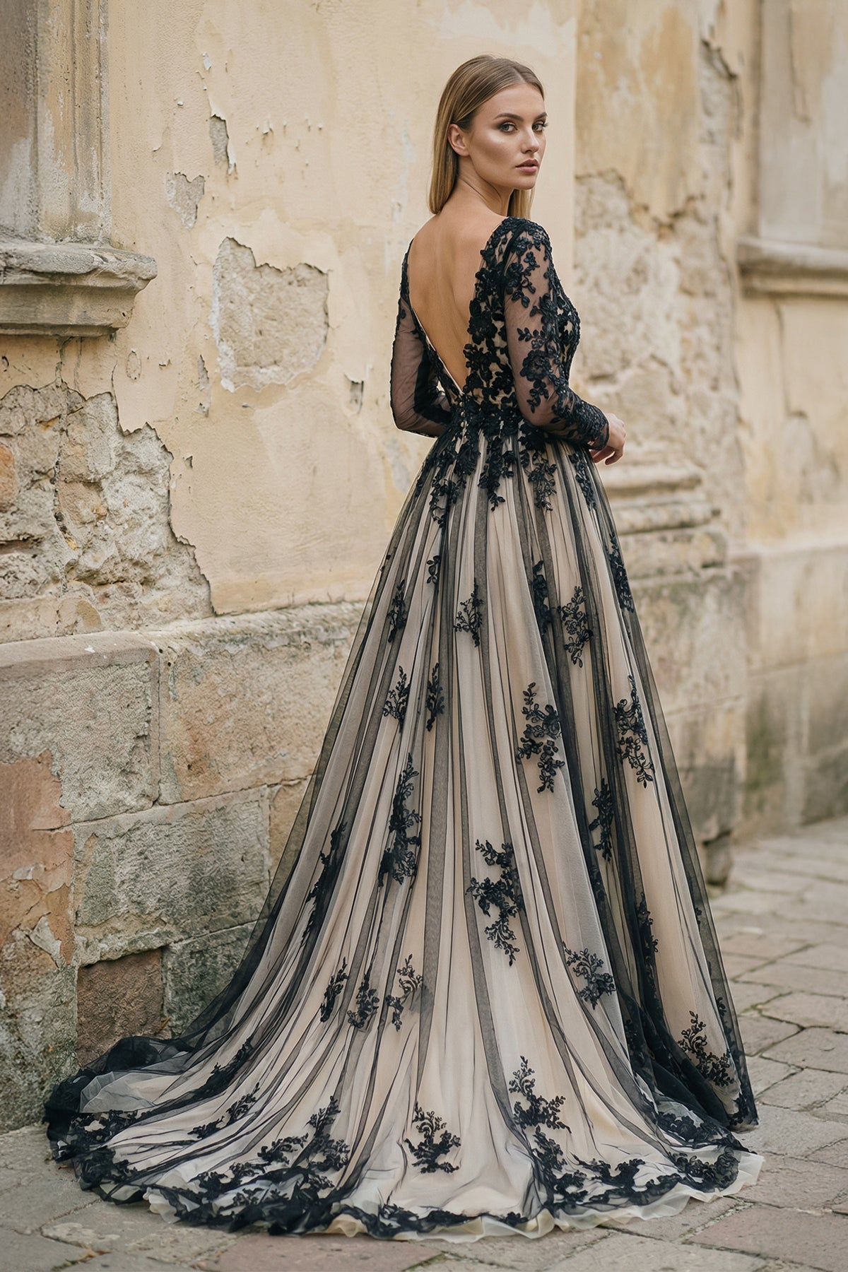 Non-Traditional Gothic Black and White Boho Lace Wedding Dress Flowy Forest Sleeved Backless Bridal Gown with Court Train, Black-Nude / 22 Non-Traditional Gothic Black and White Boho Lace Wedding Dress Flowy Forest Sleeved Backless Bridal Gown with Court Train, Black-Nude / 22