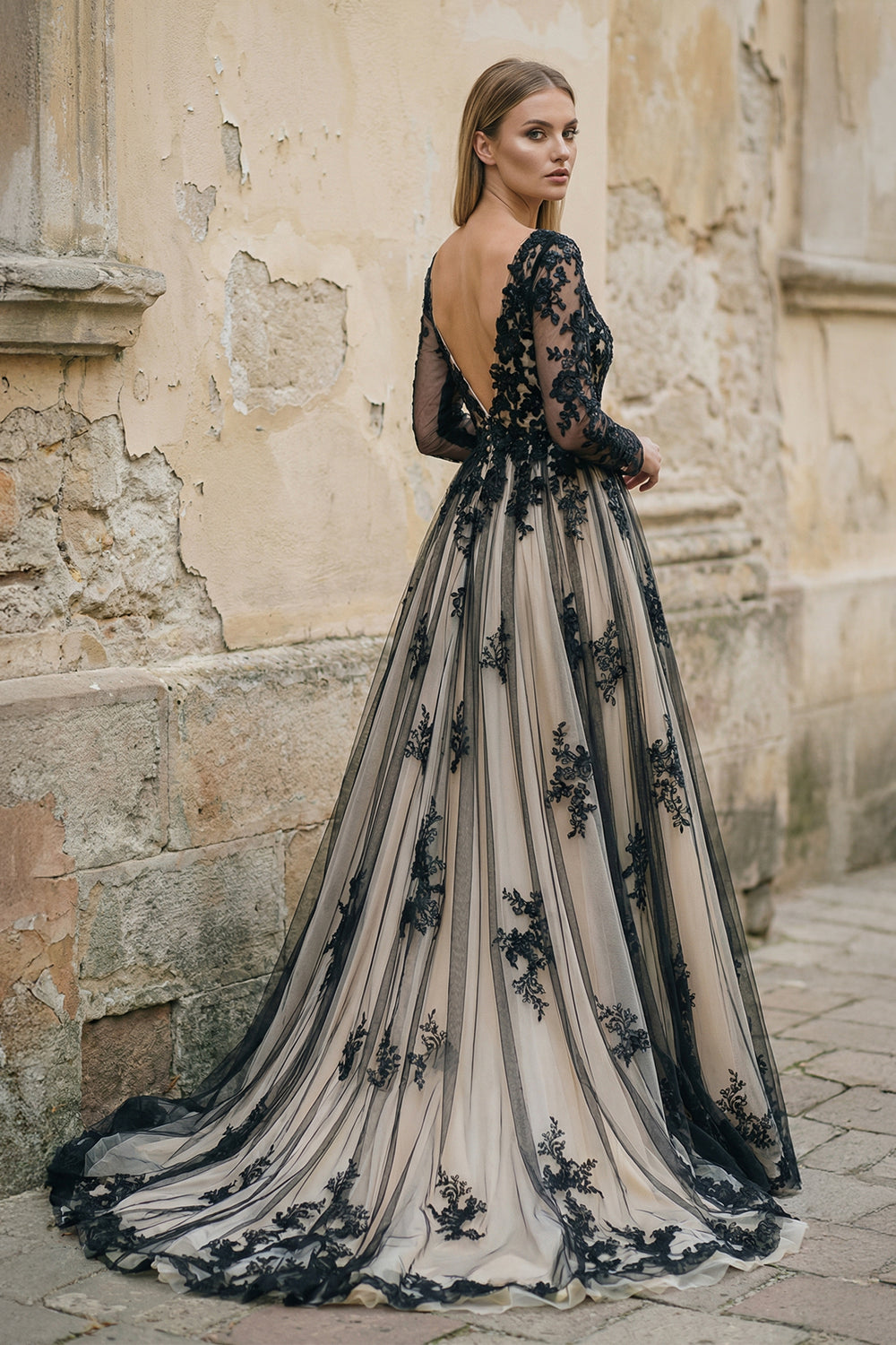 Non-Traditional Gothic Black and White Boho Lace Wedding Dress Flowy Forest Sleeved Backless Bridal Gown with Court Train