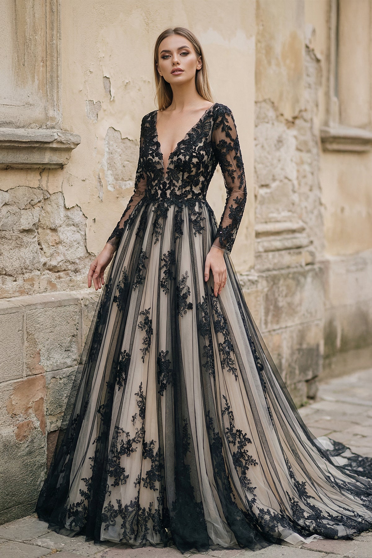 white black lace wedding dress Gothic Dresses Long Sleeves  Lisposa Beach / Destination Elaska Wedding Dress  Black