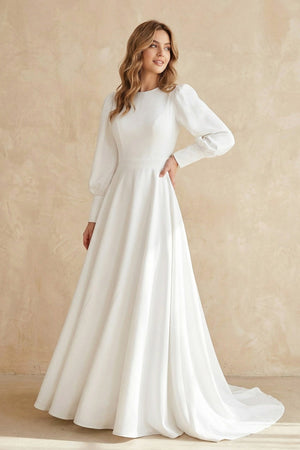 A Line Long Sleeves Satin Wedding Dress in White - KissProm Wedding Dresses