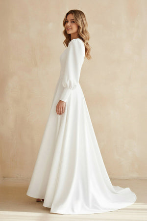 A Line Long Sleeves Satin Wedding Dress in White - KissProm Wedding Dresses