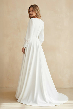 A Line Long Sleeves Satin Wedding Dress in White - KissProm Wedding Dresses