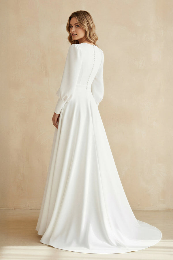 A Line Long Sleeves Satin Wedding Dress in White - KissProm Wedding Dresses