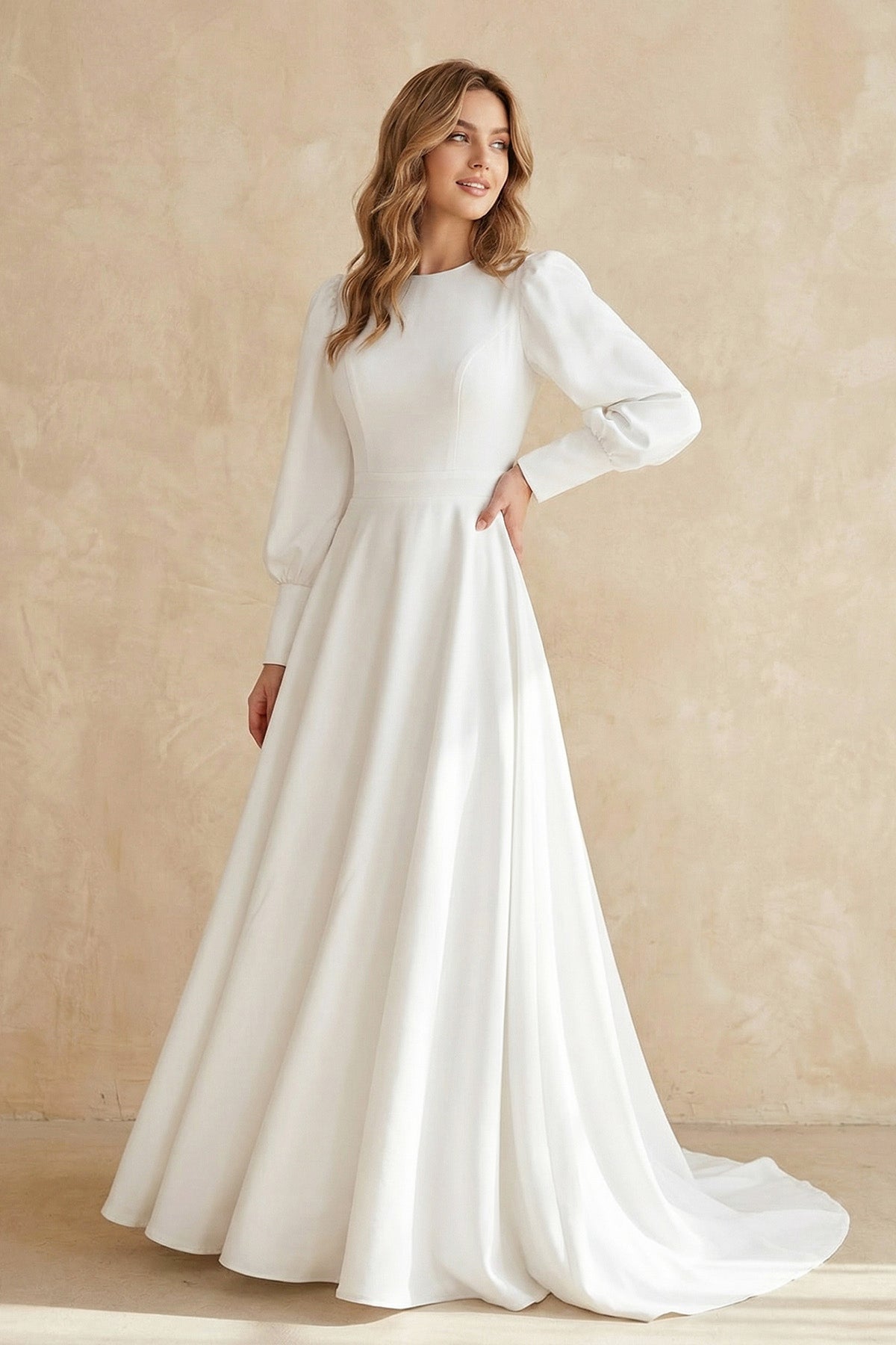 KissProm Modest A Line Long Sleeves Wedding Dress Vintage Gown, Diamond White / 4