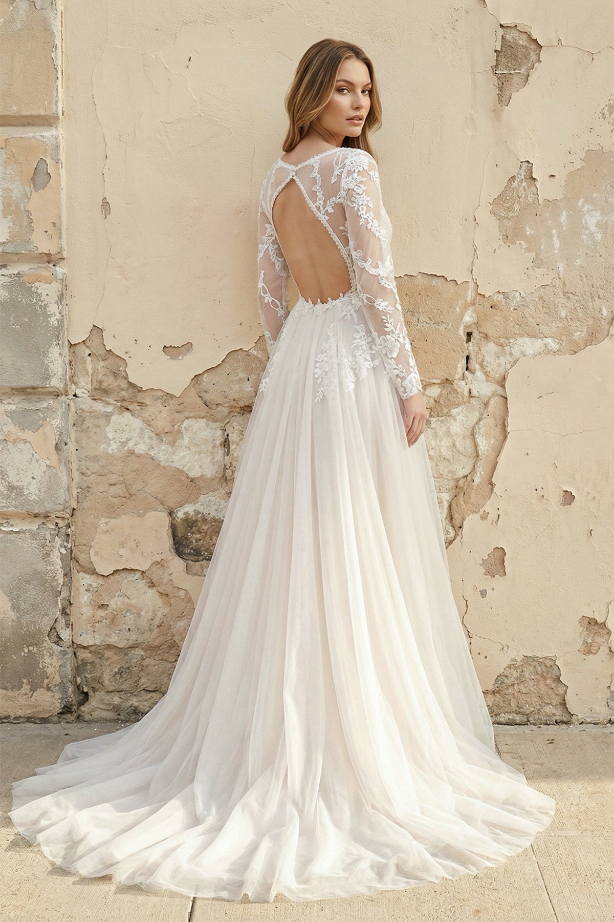 a line open back dress A-Line Lace Top Flare Sleeves Open Back Wedding Dress, White-Nude / 16
