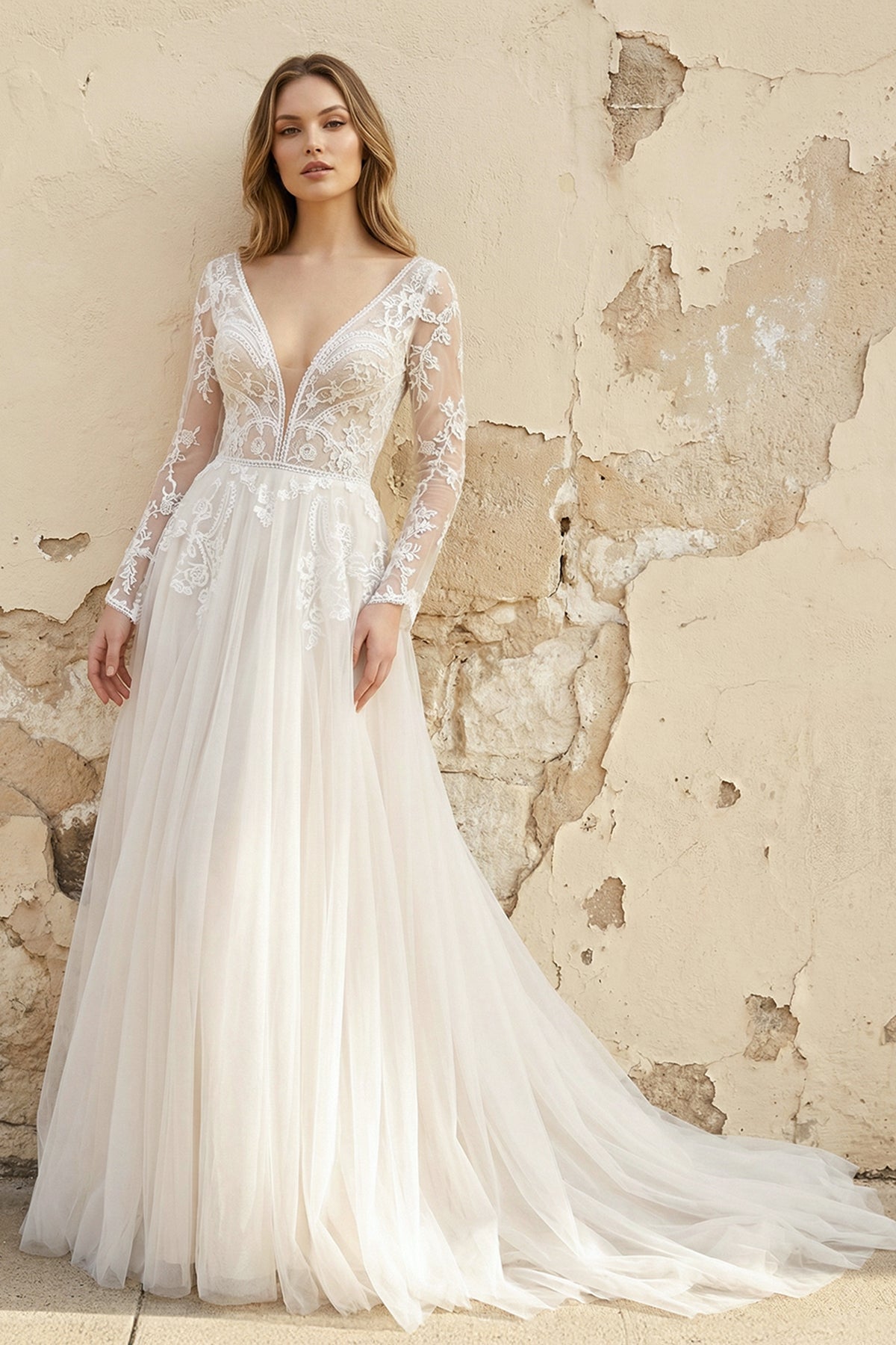 KissProm A-Line Lace Top Flare Sleeves Open Back Wedding Dress, White-Nude / 16
