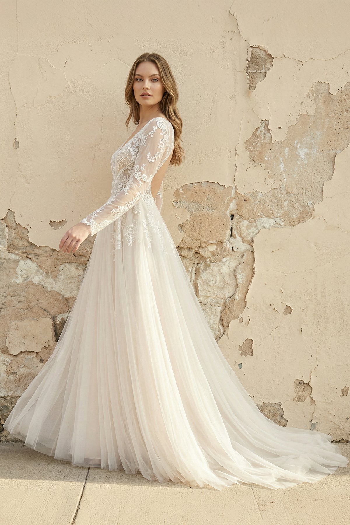 A-Line Lace Top Flare Sleeves Open Back Wedding Dress