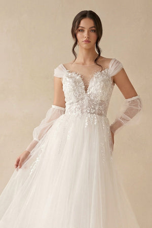 A - Line Long Sleeves Tulle Wedding Dresses With Appliques - KissProm Wedding Dresses
