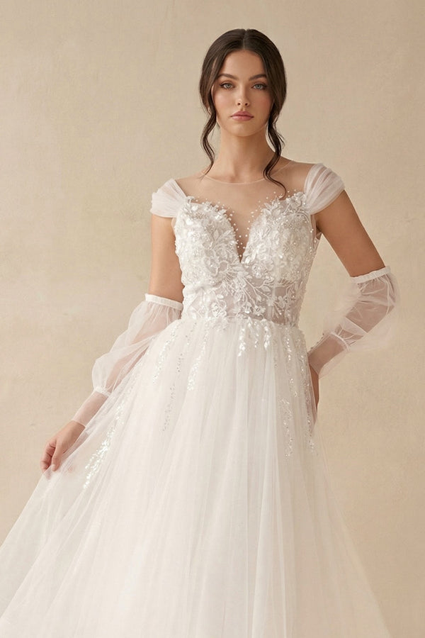 A - Line Long Sleeves Tulle Wedding Dresses With Appliques - KissProm Wedding Dresses