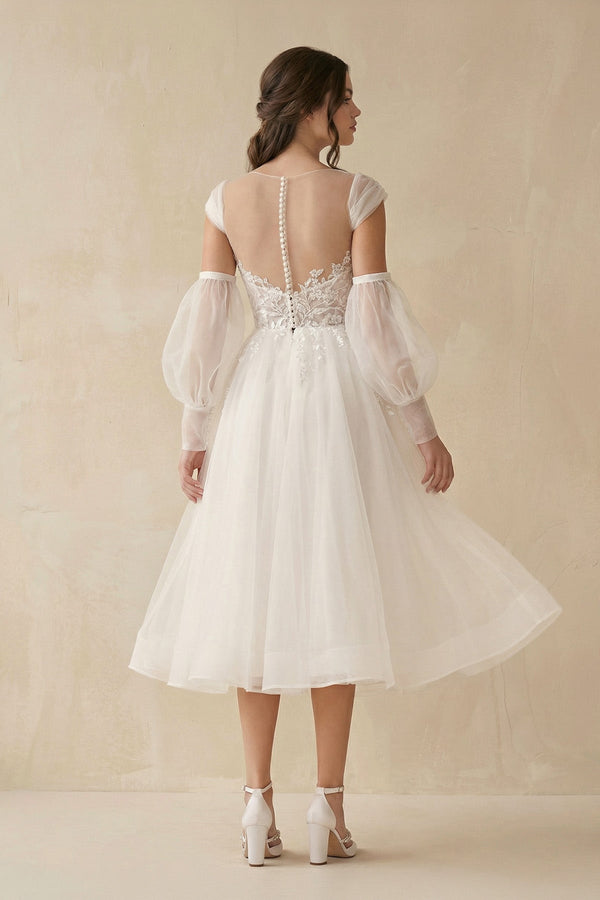 A - Line Long Sleeves Tulle Wedding Dresses With Appliques - KissProm Wedding Dresses